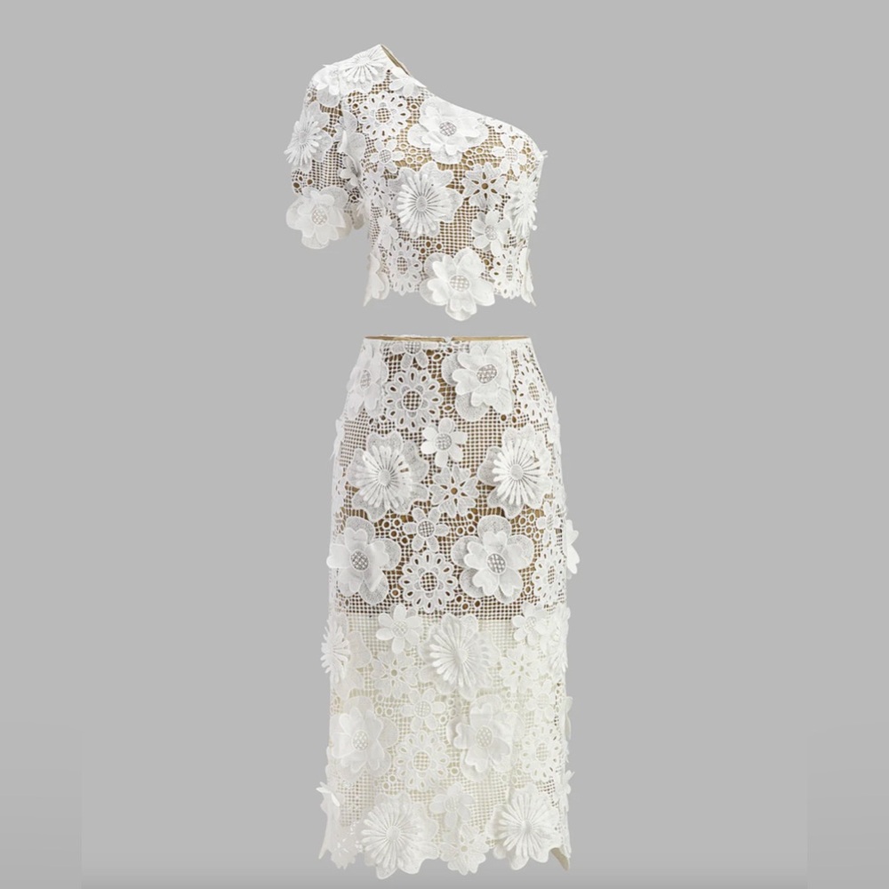 Commense White Floral Lace Skirt